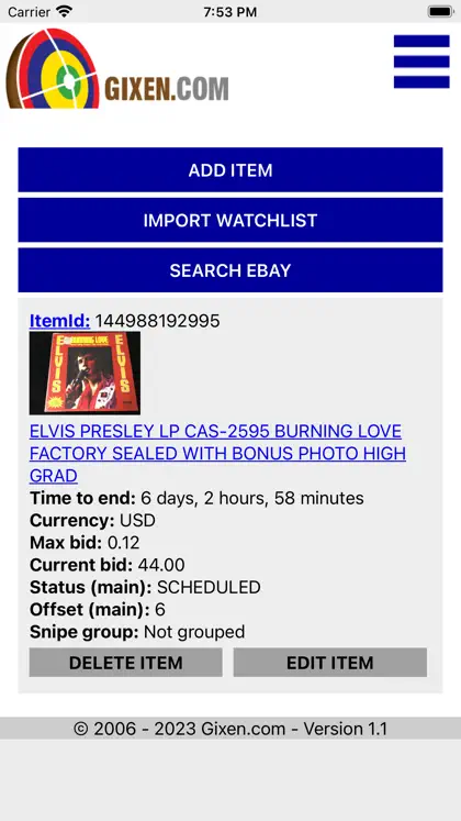 Screenshot 2 di 4 di Gixen eBay Auction Sniper