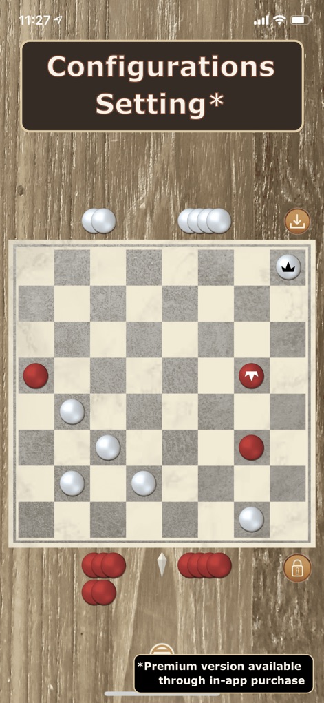 Checkers game - Access 'Configurations Setting' to fine-tune gameplay, including options to manipulate piece positions and explore advanced scenarios, indicated by the crown icon on a kinged piece.