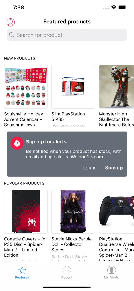 HotStock - in-stock alerts - Discover the app's central hub, showcasing diverse 'Featured products' and prompting users to 'Sign up for alerts' to never miss a restock.