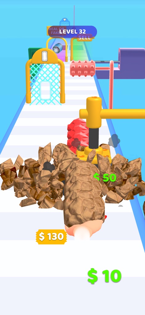 Gem Stack - La aplicación muestra un momento de tensión con una pila de gemas en forma de rocas, enfrentándose a la amenaza de un gran mecanismo triturador y otras trampas industriales.
