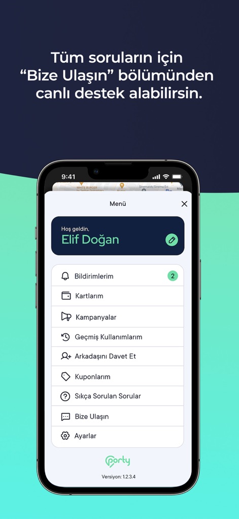 Porty - The app presents a personalized user menu showing "Hello, Elif Doğan" and provides extensive options including notifications and campaigns.
