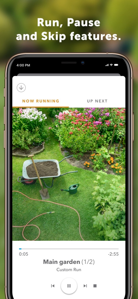 Rachio - This interface empowers users with immediate control over active irrigation, showing the "NOW RUNNING" status and providing pause and skip functionalities.