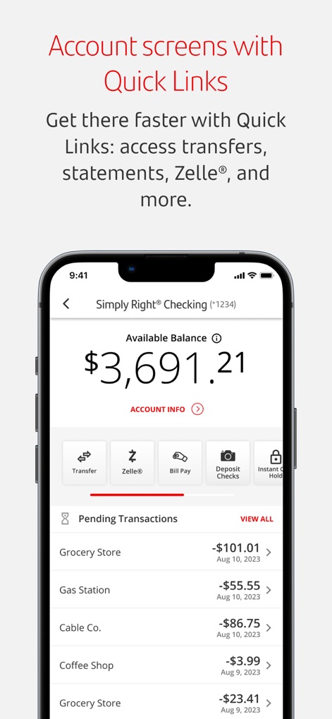 Santander Bank US - Users can quickly navigate account specifics via the prominent Quick Links menu and easily review their financial activity through the organized Pending Transactions list.