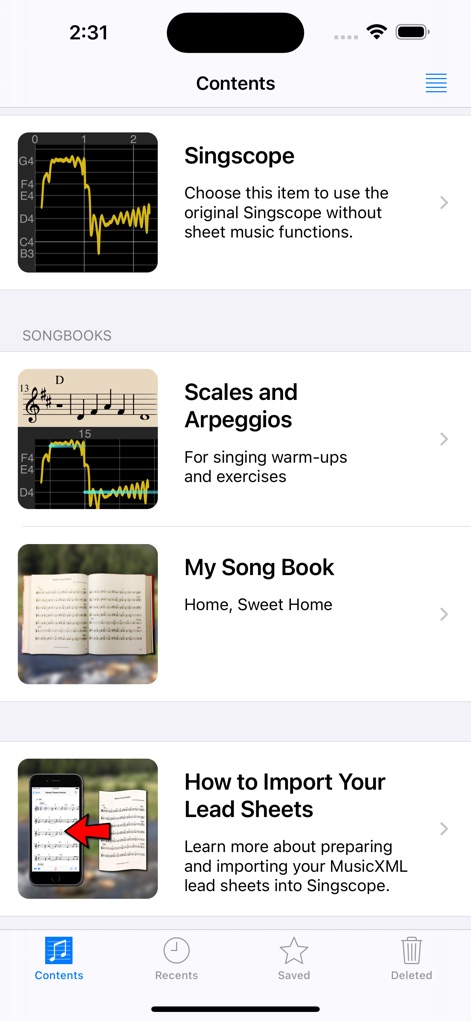 Singscope - The app provides built-in vocal warm-up exercises like 'Scales and Arpeggios' and robust support for 'Importing Your Lead Sheets' for structured practice routines.