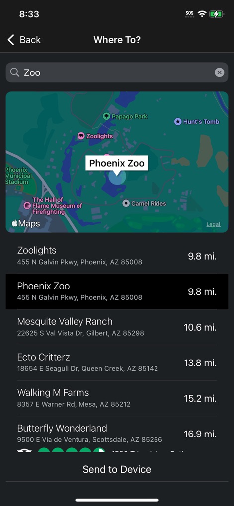 Garmin Drive™ - Nutzer können bequem nach Zielen suchen, wobei die Ergebnisse sowohl auf einer interaktiven Karte als auch in einer detaillierten Liste angezeigt werden und direkt an das verbundene Garmin-Gerät gesendet werden können.