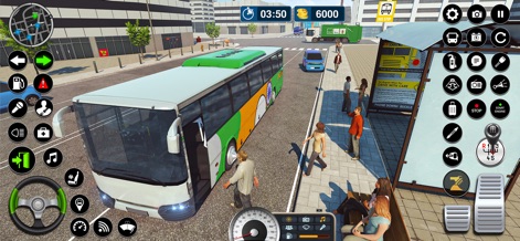 Bus Games: Coach Simulator 3D - La aplicación muestra la gestión eficiente de paradas en un escenario urbano dinámico, con un autobús que presenta un diseño personalizado y pasajeros en espera, reflejando la rutina diaria del transporte público.