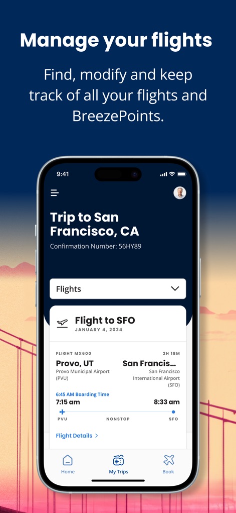Breeze Airways - The app centralizes flight management, displaying an organized list of booked trips under 'My Trips' and providing quick access to detailed flight information.