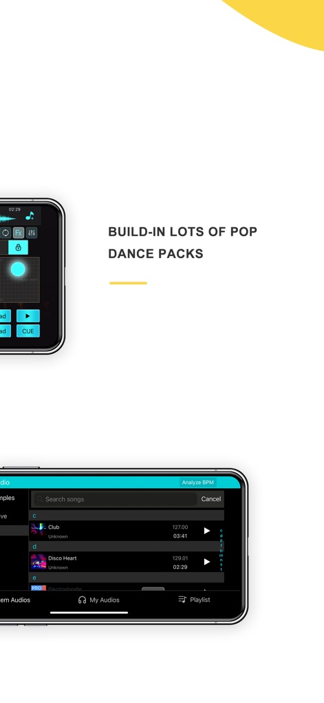 DJ Mixer Studio:Remix Music - Explore a rich collection of built-in pop dance packs and easily analyze BPM for tracks, giving users the foundation for quick and creative mixes.