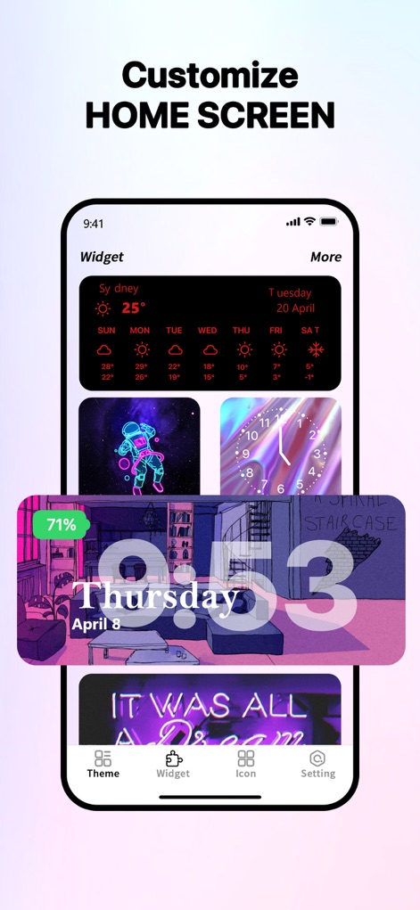 Widgets Kit Icon Wallpaper App - Discover how the app enables comprehensive home screen customization, featuring dynamic weather widgets displaying forecasts and aesthetic clock and date widgets for a personalized look.