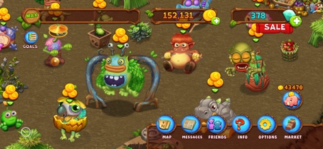 My Singing Monsters DawnOfFire - Uma ilha exuberante é preenchida com diversos monstros, incluindo o grande monstro verde com chifres, e as opções de navegação inferiores oferecem acesso a recursos como o "Mapa" e "Mensagens".