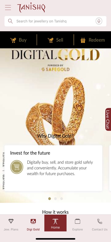 Tanishq (A TATA Product) - The app introduces "DIGITAL GOLD" investment opportunities, clearly outlining options to "Buy" and "Sell" precious metals.