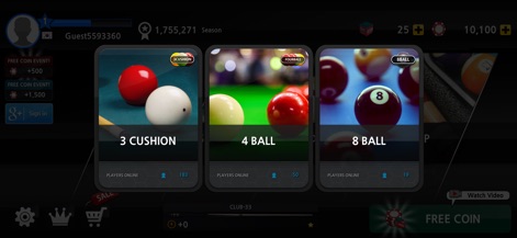 World Championship Billiards - This screen details the app's extensive game mode selection, featuring '3 CUSHION' and '8 BALL' options, each with a live count of 'Players Online' for competitive matchmaking.
