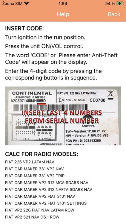 RADIO CODE for FIAT VP2 MEXICO