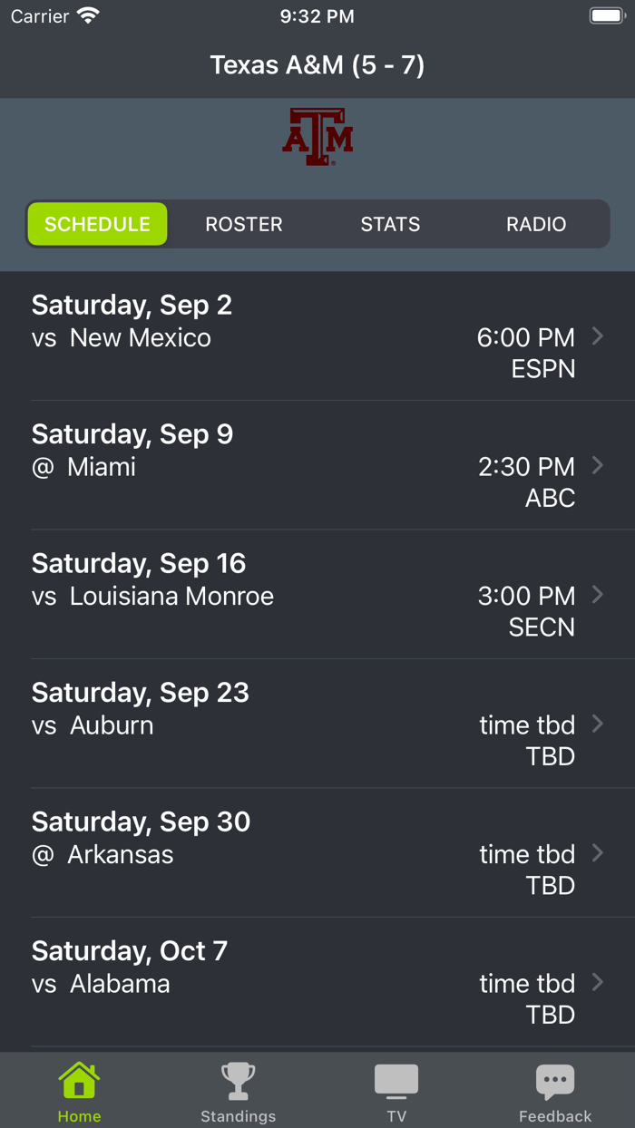 Texas AandM Football Schedules