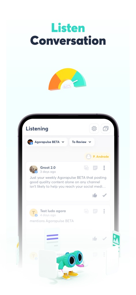 Agorapulse Companion App - 이 화면은 사용자가 들어오는 소셜 미디어 멘션을 검토하고, 메시지에 대한 긍정 또는 부정적 반응을 표시하거나 즉시 답장할 수 있는 상호작용 기능을 제공합니다.