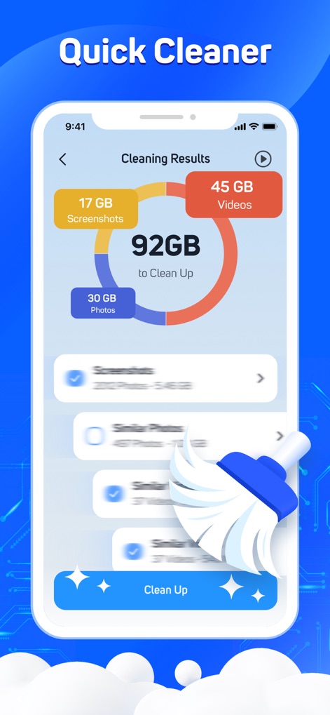 Quick Cleaner : Clean Storage - See how Quick Cleaner : Clean Storage presents a clear cleaning summary with storage categories and an intuitive 'Clean Up' button.