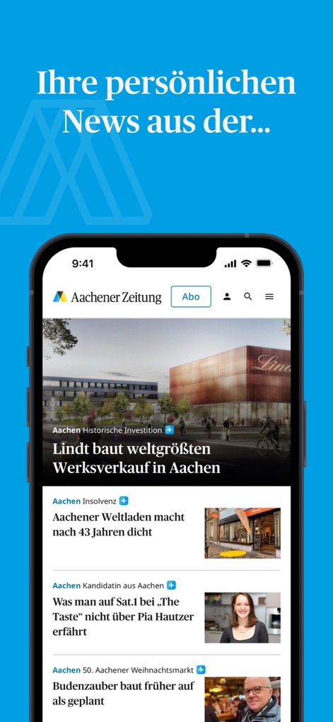Aachener Zeitung News - L'application présente une page d'accueil claire avec les dernières actualités régionales, incluant un article phare sur la "Historical Investment" de Lindt et une navigation intuitive symbolisée par l'icône "Abo".