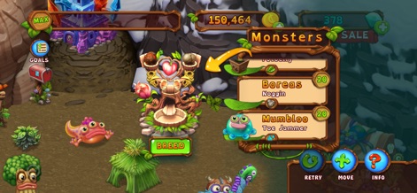 My Singing Monsters DawnOfFire - A interface de criação permite aos usuários cruzar Monstros, com a estrutura central de coração indicando o processo e a lista lateral exibindo opções como "Boreas" e "Mumbl00".