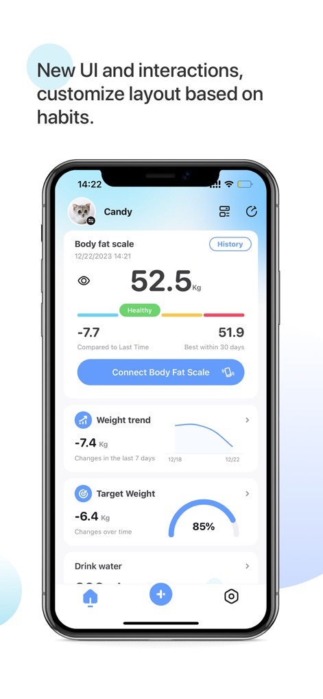 OKOK·International - The app presents a personalized health dashboard, displaying current weight metrics and a dynamic weight trend graph for easy progress tracking.