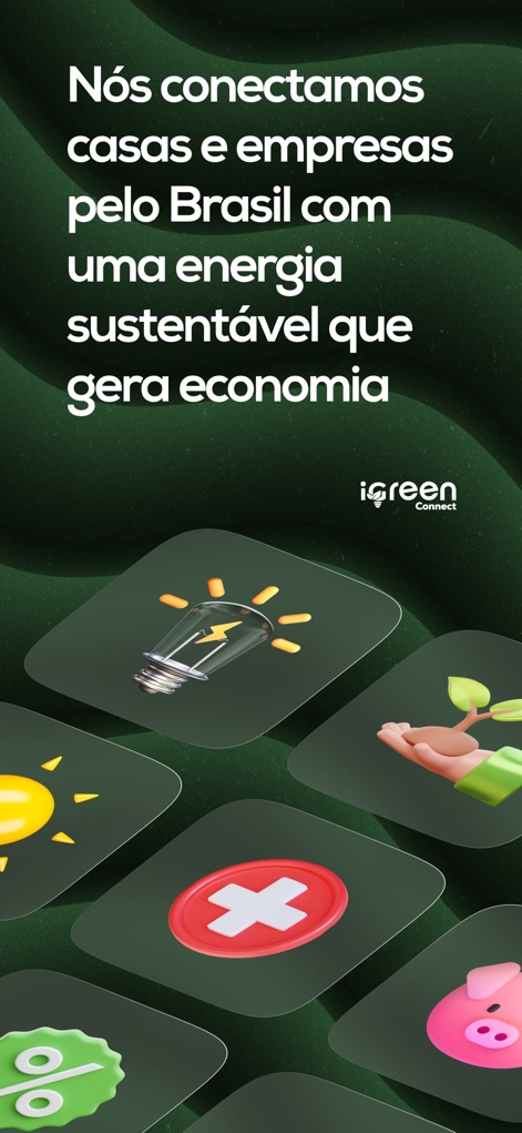 iGreen Club - Esta pantalla de bienvenida comunica la misión de la aplicación, resaltando el texto "Nós conectamos casas e empresas..." y una serie de íconos 3D que representan la energía y el medio ambiente.