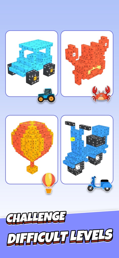 Take Away - Tap 3D Blocks Out - Los jugadores encuentran una variedad de objetos temáticos como un camión o un cangrejo, construidos con bloques que emplean diferentes esquemas de color para añadir atractivo visual a los desafíos.