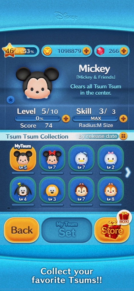 LINE: Disney Tsum Tsum - Users can explore their extensive Tsum Tsum Collection grid and examine individual character stats like skill level.