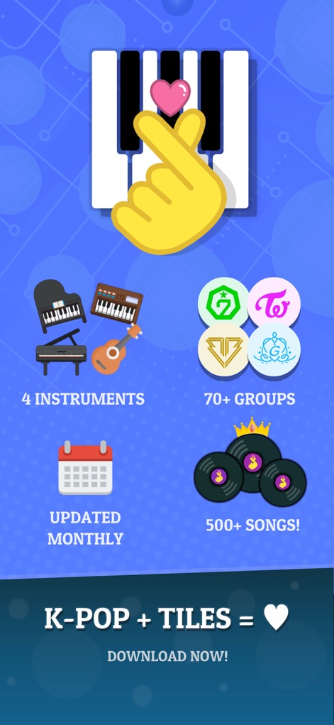 KPOP Tiles 2026 - Discover the vast collection of over 500 K-Pop songs and an impressive roster of 70+ groups available in the app.