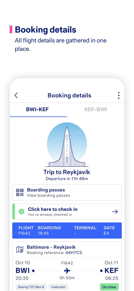 Icelandair - The booking details section offers a detailed trip view, highlighting quick access to boarding passes and a prominent check-in prompt for convenience.