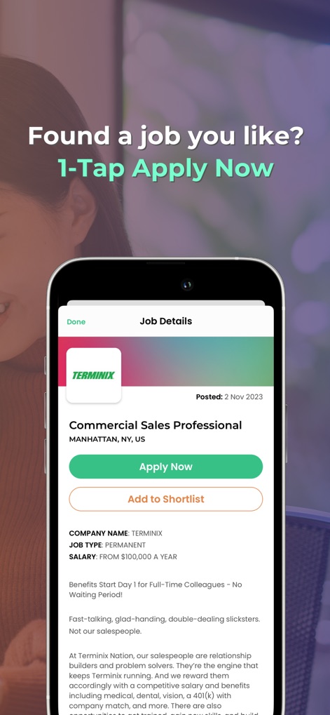 JobSwipe - Get a Better Job - The app offers a clear 'Apply Now' button and the option to 'Add to Shortlist', simplifying the application process directly from the 'Job Details' view.