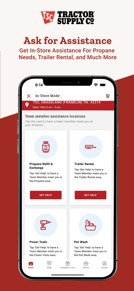 Tractor Supply - The app streamlines in-store help by providing options for 'Propane Refill & Exchange' and 'Trailer Rental'.