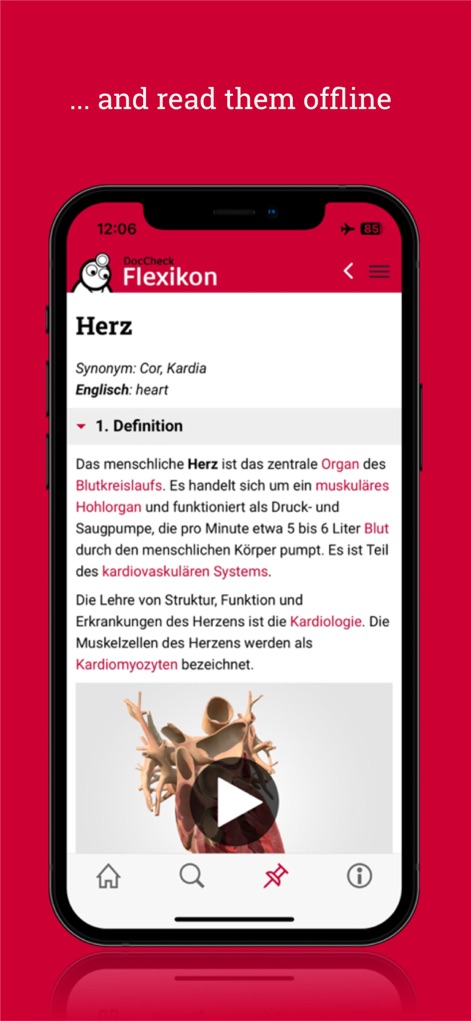DocCheck Flexikon - See how the app facilitates offline access to articles and enhances learning through integrated multimedia, like the interactive 3D model video player.