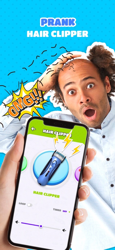 Prank App, Voice Changer - Users can simulate a realistic hair clipper sound effect, complete with a visual representation of the device and a person's comically shocked response.