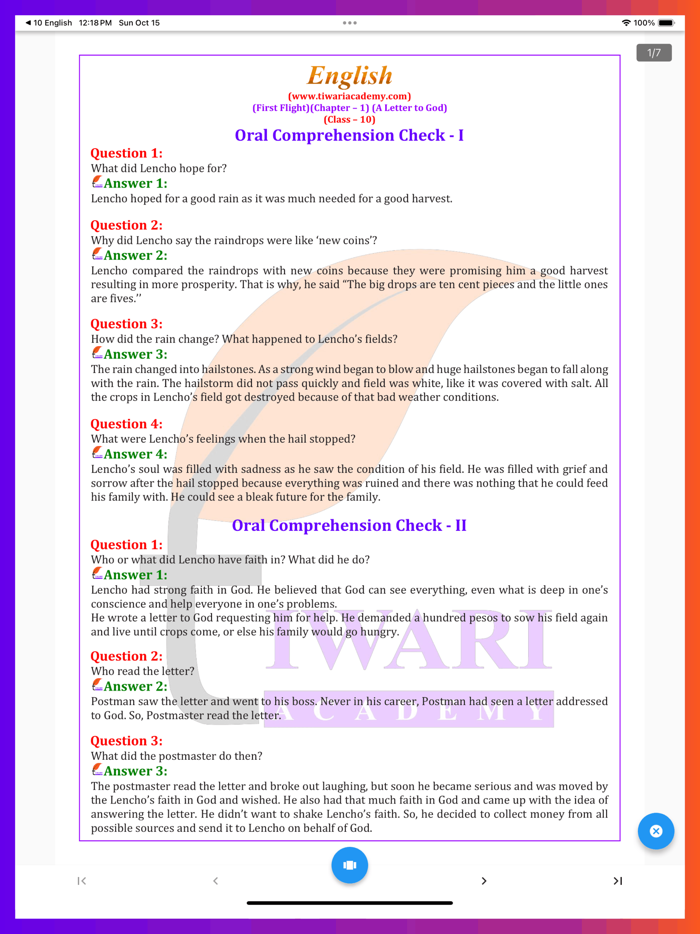 Class 10 English Solutions