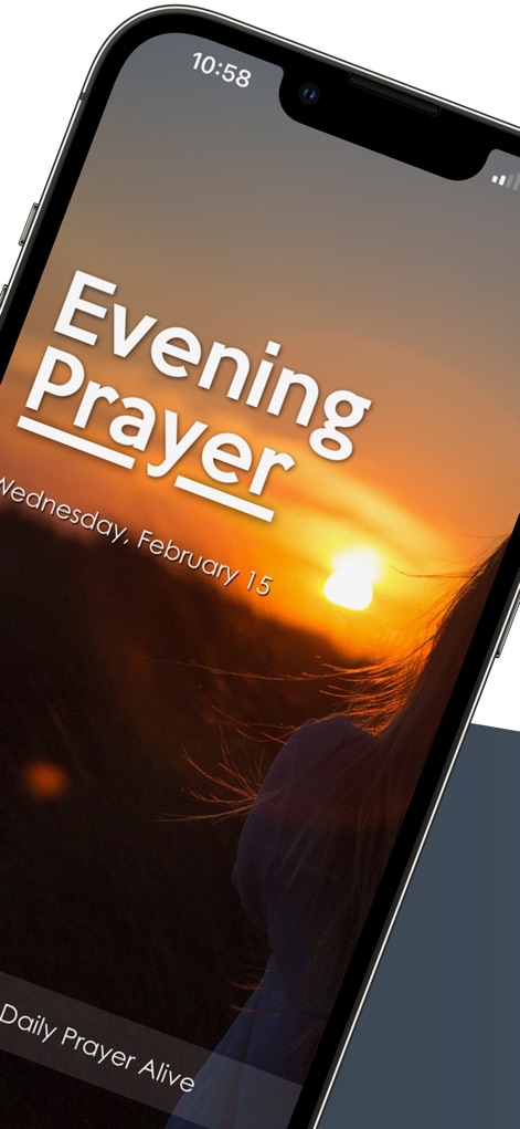 Daily Prayer App - Experience the calming 'Evening Prayer' screen, featuring the current date and an evocative sunset landscape to inspire peaceful contemplation.