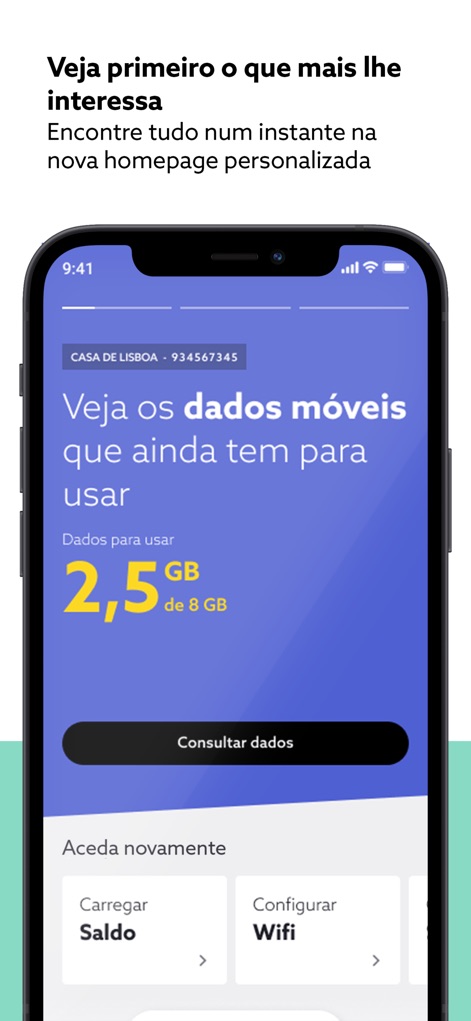 my NOS - L'application présente une page d'accueil personnalisée affichant en un coup d'œil le solde de données mobiles et des raccourcis pour recharger le solde ou configurer le Wi-Fi, simplifiant l'accès aux informations cruciales pour les utilisateurs.