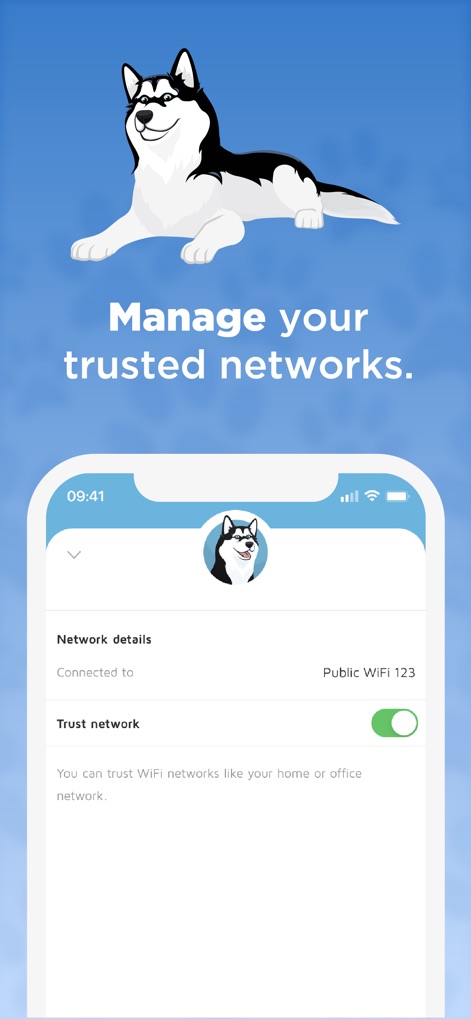 Phone Guardian Safe Mobile VPN - Max the Husky oversees the interface where users can view "Network details" and easily manage network trust using the "Trust network" toggle.