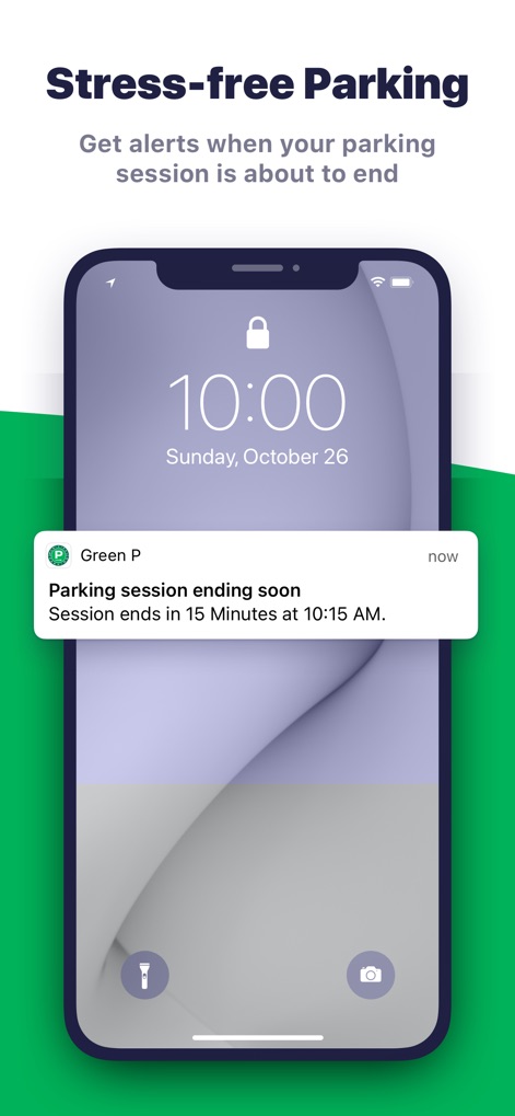 Green P - Une notification push alerte les conducteurs avant l'expiration de leur session, affichant le temps restant et l'heure exacte de fin, pour éviter les amendes.