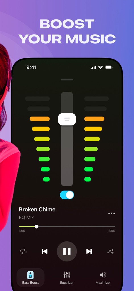 Bass Booster + Sound Equalizer - Users can fine-tune their audio experience with the intuitive vertical slider and access full playback control via the integrated music player interface.
