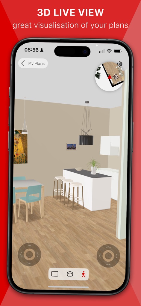 Roomle 3D & AR room planner - Explore designs with dynamic 3D live views, navigating through spaces using the intuitive joystick controls and monitoring position on the integrated mini-map.