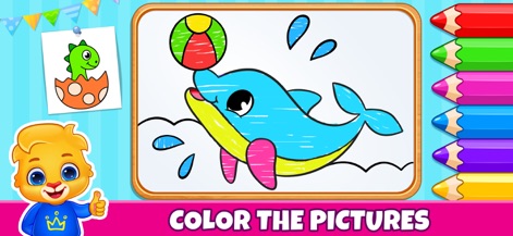 Toddler & Preschool Kids Games - Cet outil stimule la créativité des enfants à travers des activités de coloriage immersives, notamment le dessin d'un dauphin joyeux et l'utilisation de crayons de couleur vifs.