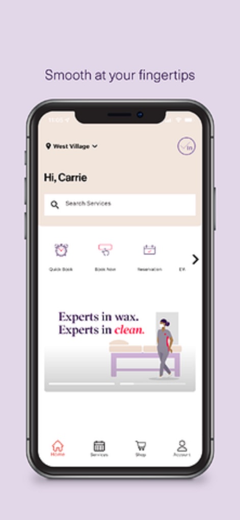 European Wax Center - 사용자는 개인화된 홈 화면에서 쉽고 빠르게 서비스를 예약할 수 있습니다. 예를 들어, 'Hi, Carrie'와 같은 개인화된 환영 메시지와 'Quick Book' 버튼을 통해 맞춤형 서비스를 경험합니다.