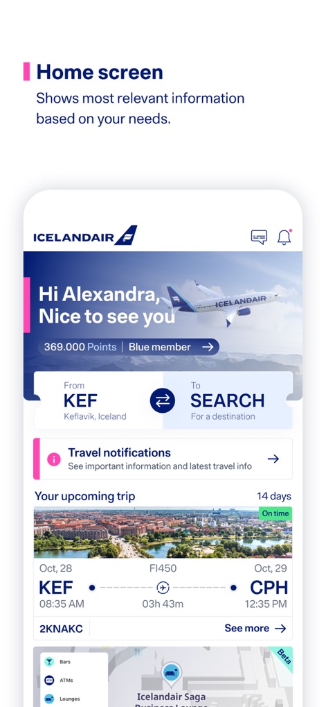 Icelandair - The app's home screen offers a personalized journey hub, featuring a custom greeting for the user and an at-a-glance overview of their upcoming trip details.
