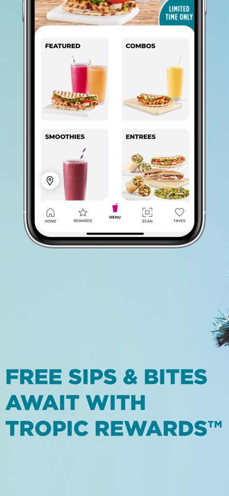 Tropical Smoothie Cafe - Users can easily browse a wide array of offerings, clearly categorized into sections like 'Smoothies' and 'Entrees', all accessible via the intuitive bottom navigation bar.