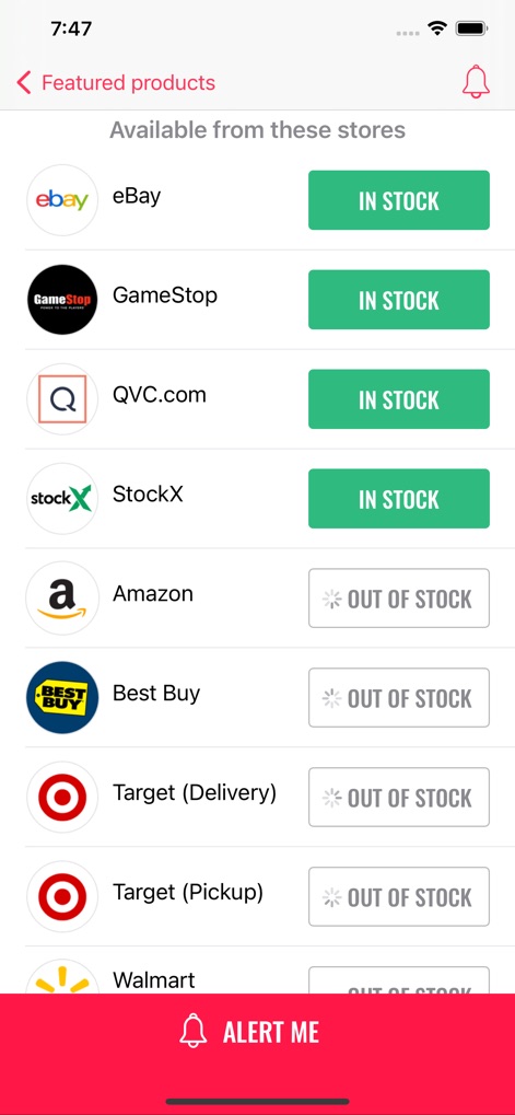 HotStock - in-stock alerts - The app provides a comprehensive 'Available from these stores' section, meticulously displaying real-time 'In Stock' and 'Out of Stock' statuses across a wide array of retailers.