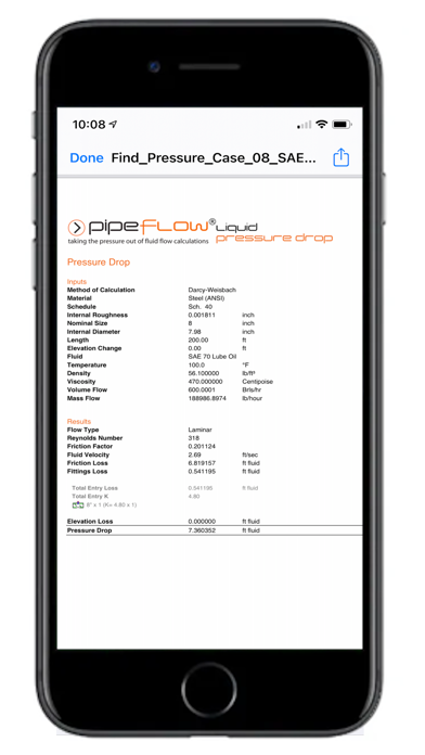 Pipe Flow Liquid Pressure Drop Screenshot