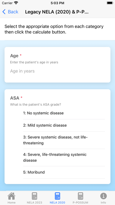 Perioperative Risk Calculator Screenshot