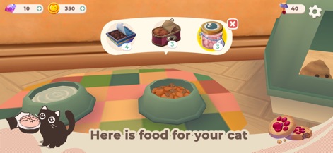 Cat Rescue Story - Esta tela mostra opções variadas de comida para gatos, como ração seca e comida enlatada, sublinhando o aspecto de nutrição e cuidado diário no aplicativo.
