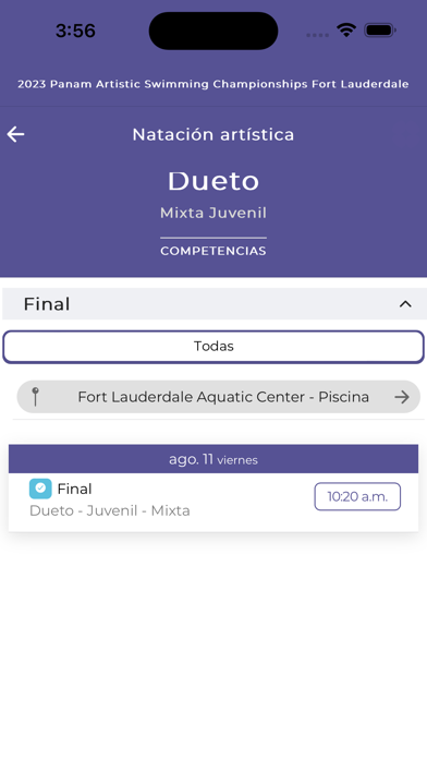 PanAm Aquatics Events Screenshot