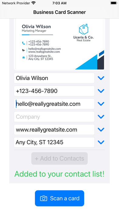 Business Card to Contacts Screenshot