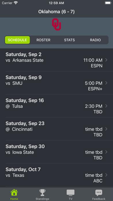 Oklahoma Football Schedules Screenshot